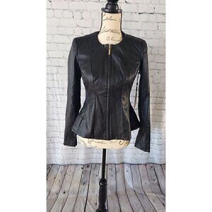DKNY Black Collarless Faux Leather Jacket/NWOT, Size OP